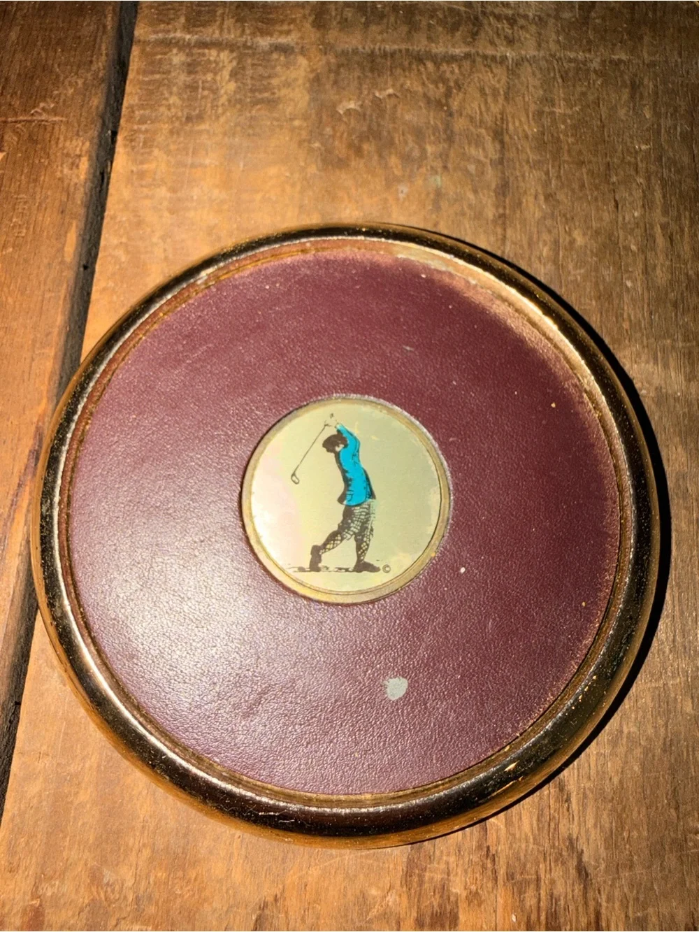 Set of 4 Vintage Golf-Themed Leather & Gold Coasters - Burgundy